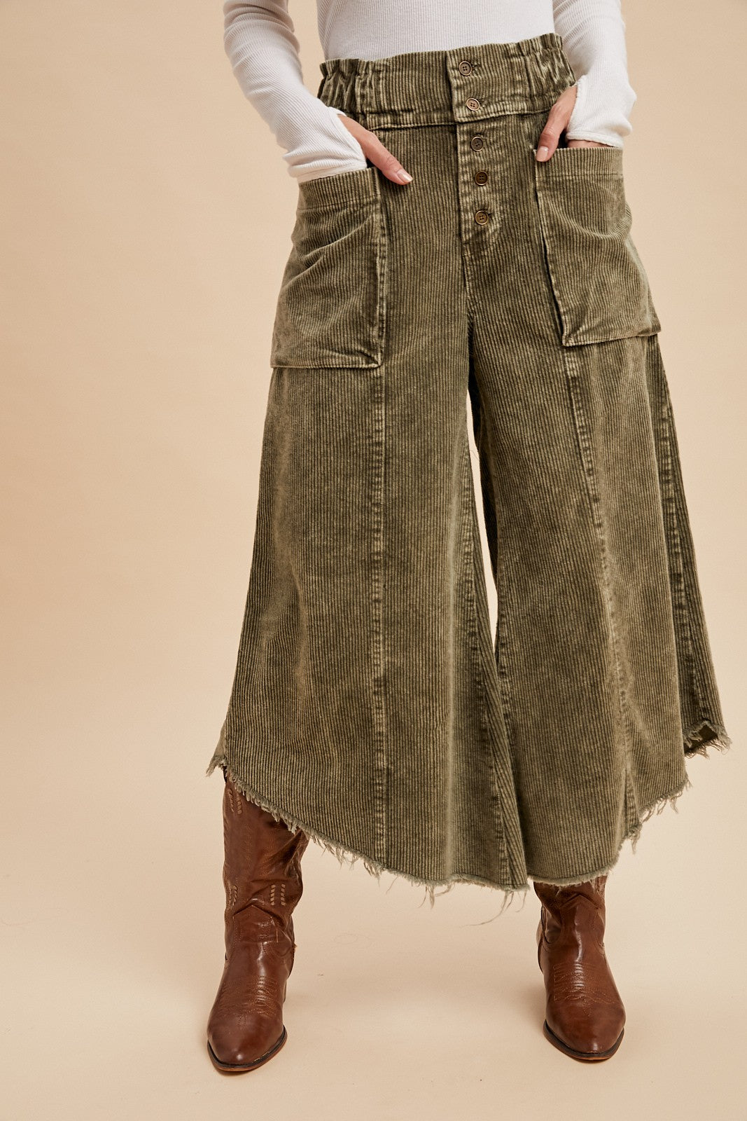 Mineral Wash Cropped Fray Hem Corduroy Wide Pants – Mainstream